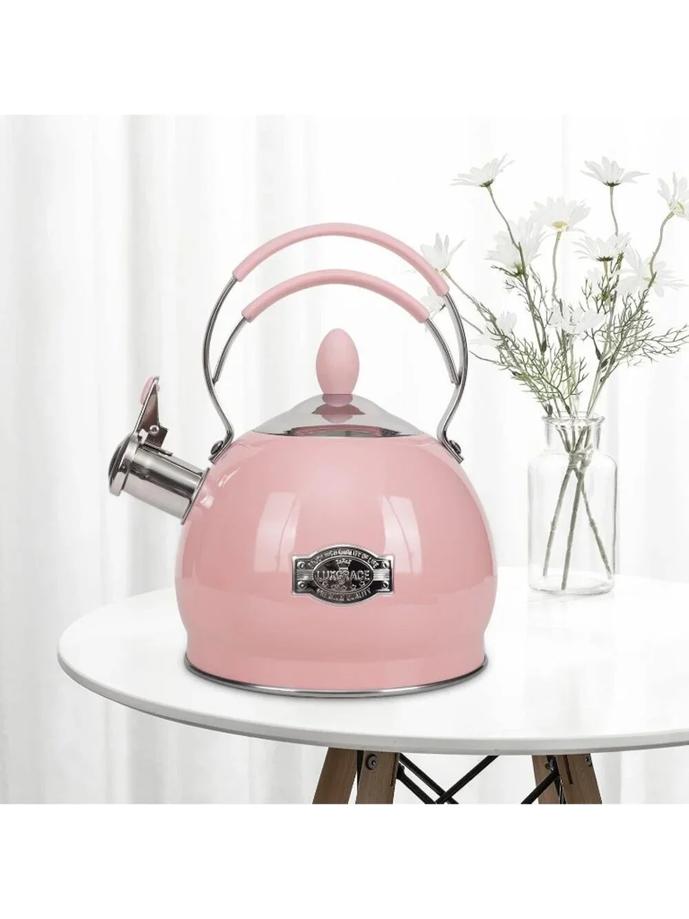 Pink Whistling Stainless Steel Kitchen Tea Kettles 2.6 Quart Stovetop Induction